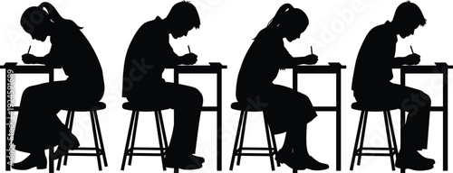 Students taking written exam in classroom showing focused study, education assessment, test preparation, learning discipline and academic pressure, black and white silhouette illustration