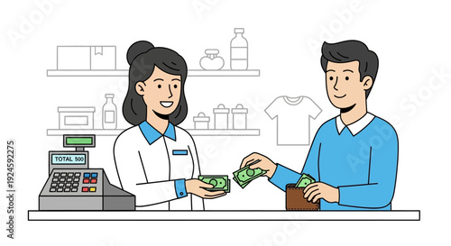 A man paying a female cashier at a store counter with a cash register.