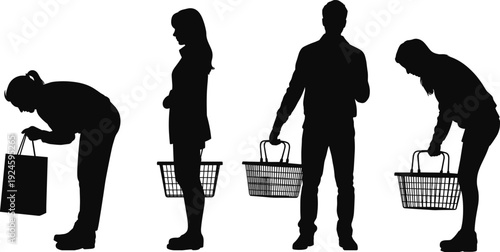 Male and female shoppers silhouettes set, people carrying shopping baskets and bags, black vector illustration isolated on white background