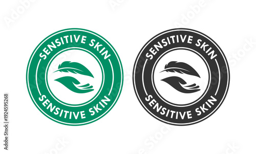 Green and black sensitive skin logo featuring a feather and hand icon. Professional vector stamp for dermatological, organic, and gentle skincare product branding.