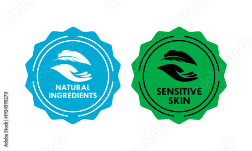 Blue and black sensitive skin logo featuring a feather and hand icon. Professional vector stamp for dermatological, organic, and gentle skincare product branding.