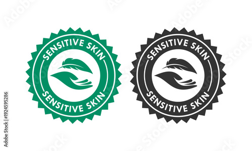 Green and black sensitive skin logo featuring a feather and hand icon. Professional vector stamp for dermatological, organic, and gentle skincare product branding.