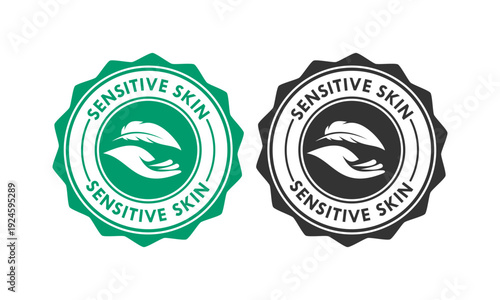 Green and black sensitive skin logo featuring a feather and hand icon. Professional vector stamp for dermatological, organic, and gentle skincare product branding.