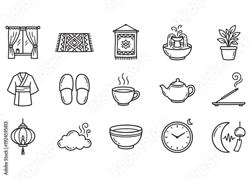 Cozy home spa and traditional tea ceremony aesthetic line icons for relaxation