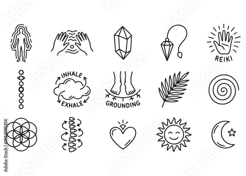 Holistic energy healing and spiritual wellness line icons for reiki and chakras