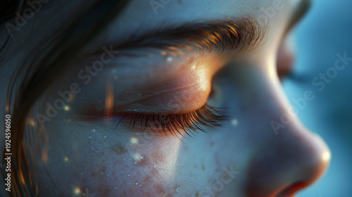 Close-up of woman's face with closed eyes and glowing skin