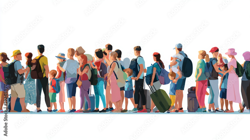 Obraz premium Big queue. Many, multitude people waiting in long line, back view. Crowd of tourists, refugees, men, women, children queuing. Migration concept. Flat vector illustration isolated on white background