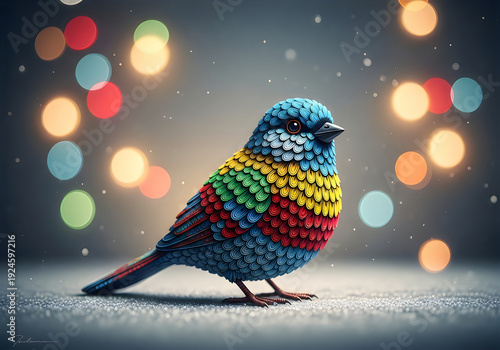 Colorful bird with vibrant feathers and bokeh lights