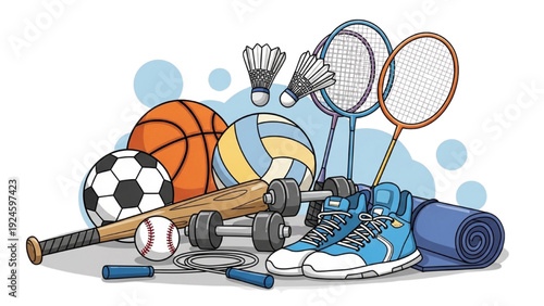 Assorted sports equipment collection including balls, rackets and fitness gear displayed together on plain surface, vector illustration