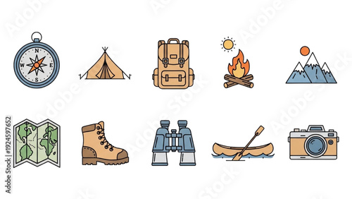 Adventure icons set with outdoor exploration and travel symbols, editable stroke vector illustration for adventure tourism and expedition design