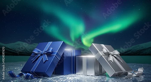 Blue and silver gift boxes with bows on an icy surface under a vibrant aurora borealis sky with mountains.