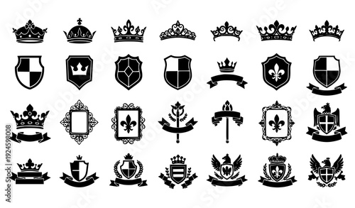 Black Silhouette Luxury Royal Decoration Vector Icons – Crowns, Shields & Heraldry