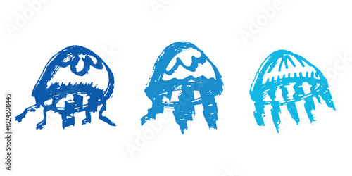 Set of hand drawn jellyfish doodle Sea animal illustration Cute marine underwater creature Medusa sketch clipart Single element for web, design, decor, children's print