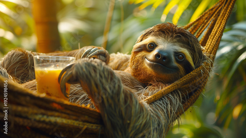 Relaxed sloth enjoying orange juice in tropical hammock paradise