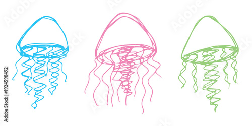Set of hand drawn jellyfish doodle Sea animal illustration Cute marine underwater creature Medusa sketch clipart Single element for web, design, decor, children's print