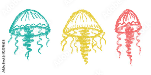 Set of hand drawn jellyfish doodle Sea animal illustration Cute marine underwater creature Medusa sketch clipart Single element for web, design, decor, children's print