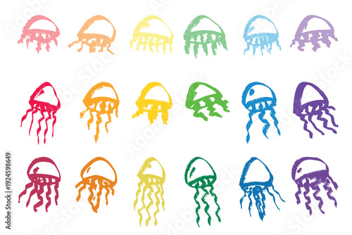 Set of hand drawn jellyfish doodle Sea animal illustration Cute marine underwater creature Medusa sketch clipart Single element for web, design, decor, children's print