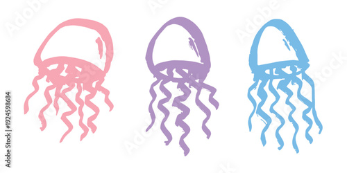 Set of hand drawn jellyfish doodle Sea animal illustration Cute marine underwater creature Medusa sketch clipart Single element for web, design, decor, children's print