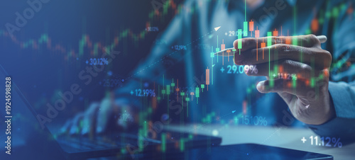 Photography Investment portfolio and stock market growth concept with candlestick charts and performance data, representing portfolio allocation, risk management, APY and yield comparison, and financial analysis