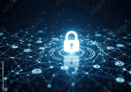 Glowing white padlock on a futuristic network background