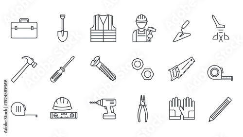 Carpentry tool line editable icons set with toolbox, safety vest, builder, shovel, trowel, hammer, screwdriver, screw and nut symbols