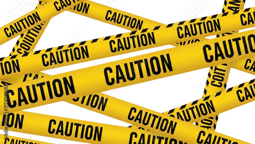 Caution tape crossing warning sign with danger alert, safety zone barrier illustration for construction site and hazard awareness