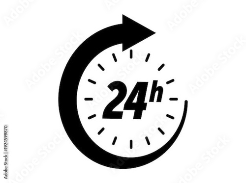 24h service black vector icon with circular arrow and clock dial