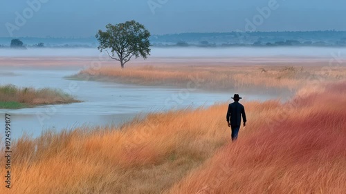Wallpaper Mural A lone figure walks along a path of tall grass toward a tree near a misty river Torontodigital.ca