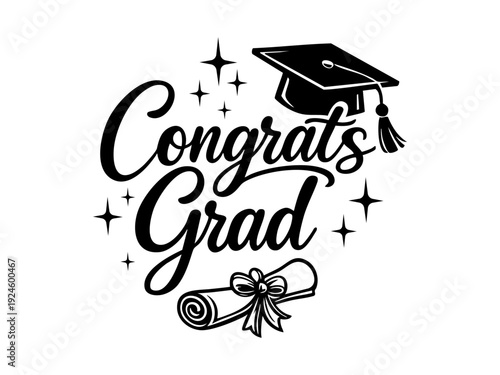 Congrats Grad Graduation Lettering with Cap and Diploma – Celebration Design for Cards, T-Shirts and Cutting Machines