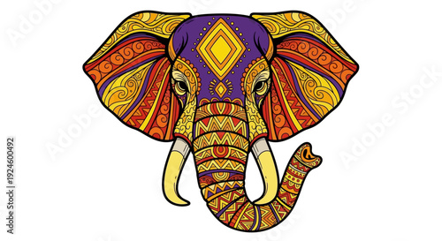 Vibrant illustration of an elephant head with intricate patterns on a white background