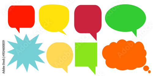 A simple design set of colorful message comment chat boxes. A collection of comic and social media speech bubbles, text boxes, and chat boxes. A vector set of comic and social media speech bubbles.
