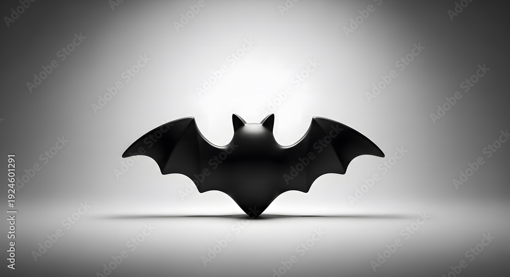 Fototapeta premium Black bat icon with spread wings on a clean grey gradient backgr