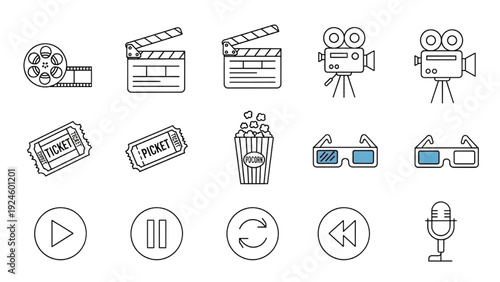 Movie line editable icon set with film, multimedia, cinematography and video symbols, vector illustration for entertainment industry