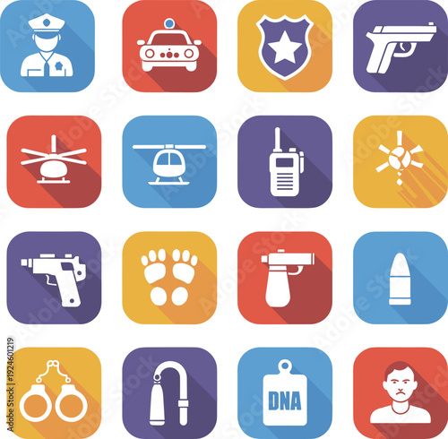 Police law enforcement forensic icons set, security crime investigation emergency symbols collection isolated on white background illustration