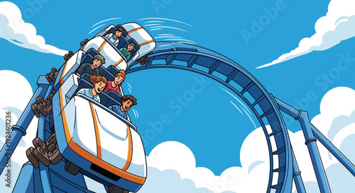 Colorful illustration of people riding a roller coaster against a blue sky with white clouds