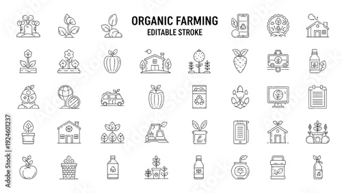 Organic farming icon set with farm products and vegan symbols, editable stroke vector illustration for sustainable agriculture design