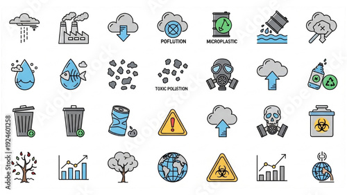Pollution line editable icons set with air pollution, water pollution, microplastic, trash, gas and toxic symbols, vector illustration