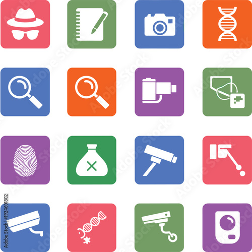 Security investigation forensic icons set, detective surveillance crime protection symbols collection isolated on white background illustration