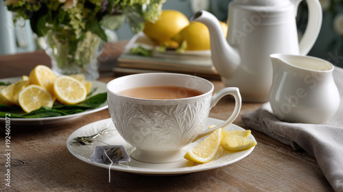 An elegant setting featuring a white porcelain tea cup with an embossed design, filled with English tea and a teabag. Accompanying the cup are fresh lemon slices on a saucer and a small milk jug.