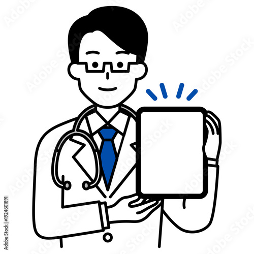 タブレットの画面を見せる医師の男性