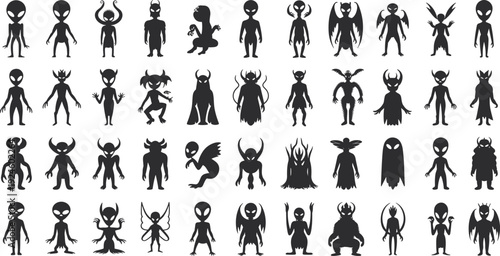 Set of fantasy monster silhouettes, alien demon creatures collection icons, scary cartoon characters isolated on white background