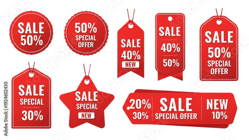 Red discount tags vector set with sale badges, special offer labels and shopping icons collection for retail promotions and marketing