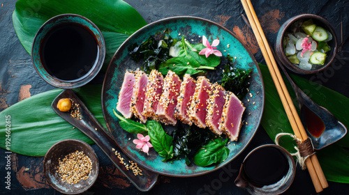 From above delicious appetizing fresh tuna tataki with green leaves on plate