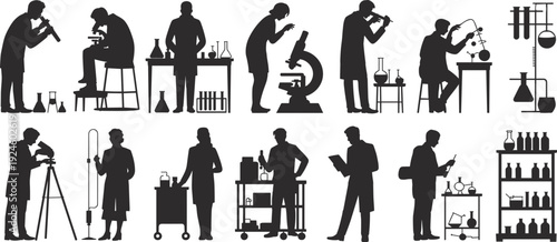 Scientist laboratory silhouettes collection, chemistry and medical research people working with microscopes equipment, black vector illustration isolated