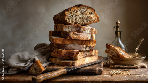 A tall stack of freshly sliced rustic bread on a wooden table with a knife the warm lighting highlights the bread’s crusty texture and soft interior against a neutral background