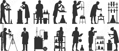 Scientists laboratory work silhouette set, researchers conducting experiments with microscope equipment, scientific research activities, black illustration isolated on white background