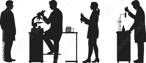 Scientists laboratory silhouette set, researchers conducting experiments with microscope glassware, scientific research concept, black figures isolated on white background illustration