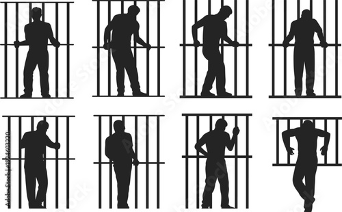 Prisoner silhouette set behind bars, jail inmate poses collection, criminal justice concept, black human figures isolated on white