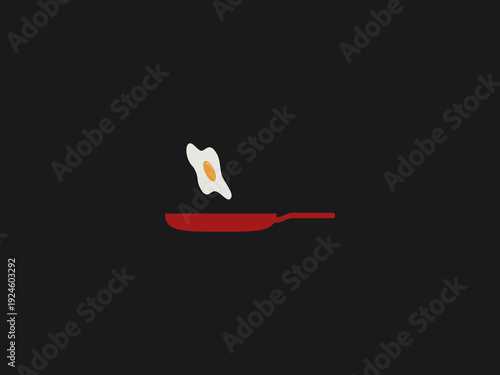 A side-view minimalist illustration of a fried egg being flipped in a red frying pan against a solid dark background, representing motion and cooking skills