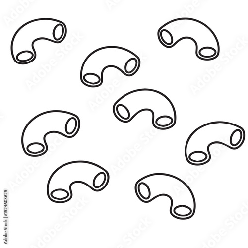 A simple vector pattern of scattered macaroni shapes, designed with clean lines and minimal detail, perfect for playful food themed backgrounds.